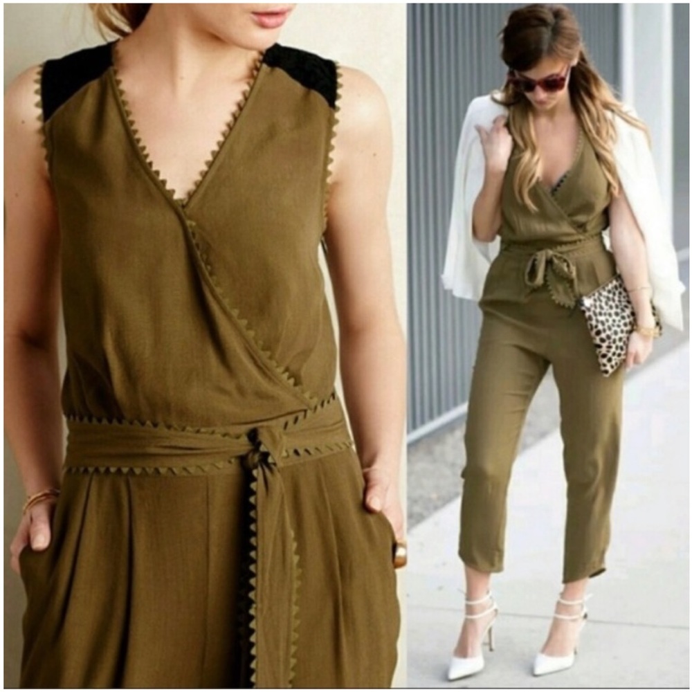 ANTHROPOLOGIE LEIFSDOTTIR SANI UTILITY OLIVE GREEN BELTED LACE JUMPSUIT 4